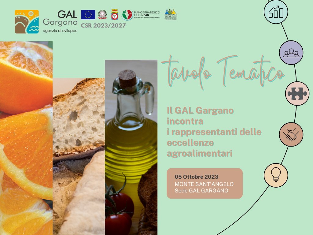 Oggi nuovo tavolo tematico presso la sede del GAL Gargano: ascolteremo esigenze e idee dei produttori, protagonisti dell'agroalimentare sul territorio per la definizione della proposta di strategia di sviluppo 2023/2027. Appuntamento alle 18:00
#eccellenze #agroalimentare