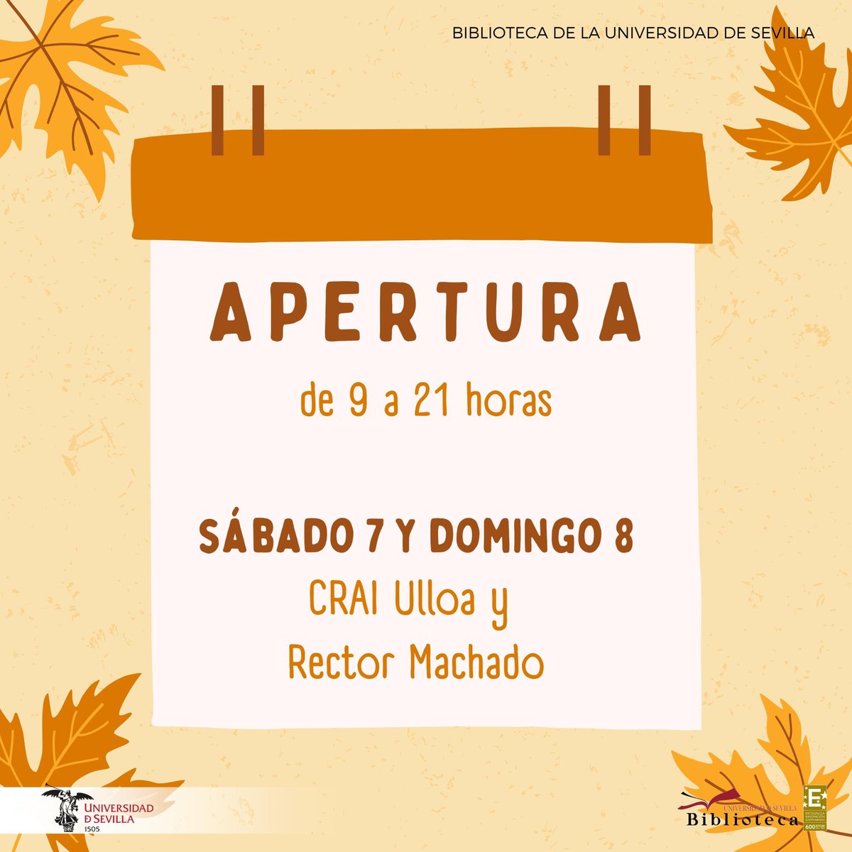 📚 La <a href="/Biblioteca_US/">Biblioteca US</a> comienza las aperturas de sus instalaciones en fin de semana: dos bibliotecas en horario de 9 a 21 horas

⏰ Todos los horarios del curso: bib.us.es/noticias/ampli…