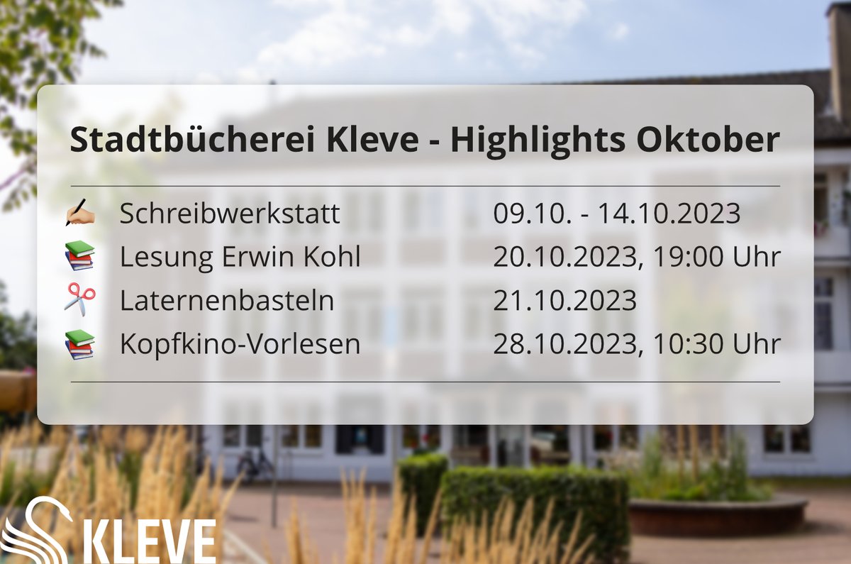Im Oktober erwarten euch einige Highlights in der Stadtbücherei Kleve. Los geht's schon nächste Woche mit der Schreibwerkstatt - jetzt noch schnell anmelden! kleve.de/stadt-kleve/bi…