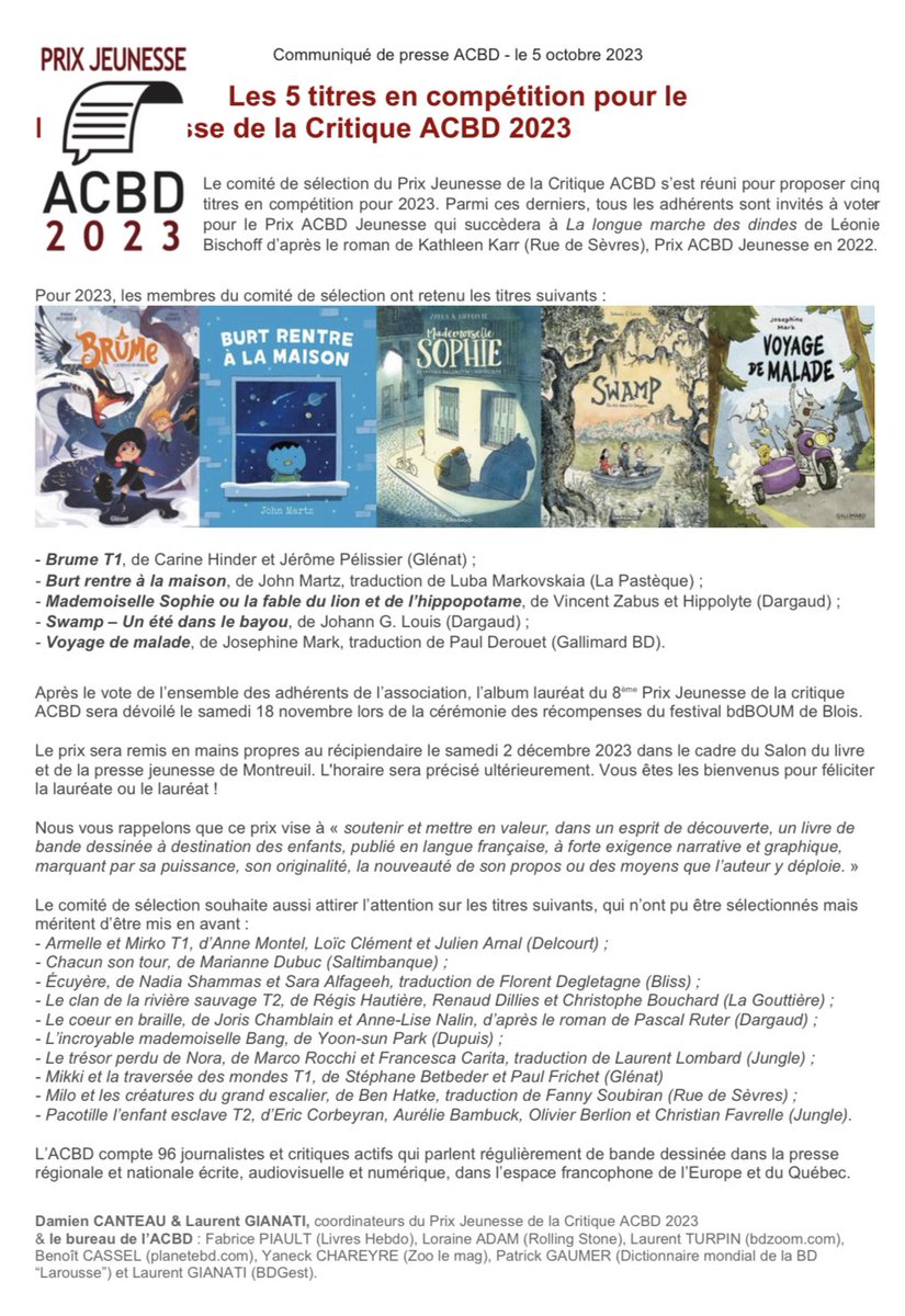 AssoACBD's tweet photo. [COMMUNIQUÉ] Voici la sélection des 5 titres en lice pour le Prix jeunesse de la critique ACBD 2023 ! Après le vote des adhérents, le lauréat sera annoncé le 18/11 au festival @BD_Boum de Blois, et décerné à son auteur ou autrice le 2/12 au Salon du livre jeunesse de Montreuil https://t.co/iQJw1jfPt4