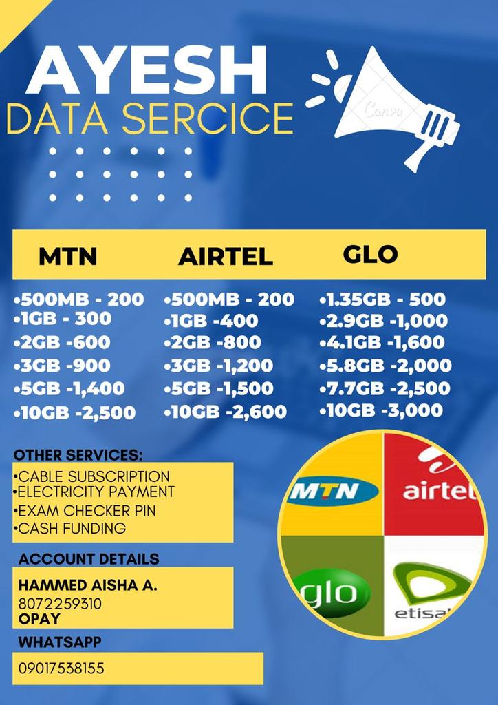 Good morning Famclients 🤗❤️
  Ayesh Telecom treats your Cheap Internet Data Plan and Airtime Recharge for Airtel, 9mobile, GLO, MTN, Pay DSTV, GOTV, PHCN and Results check.. Also available for your Data giveaways..💯

NO SCAM ZONE ✅ 💯❤️
#Onlinetradefair  #Vendorspototf