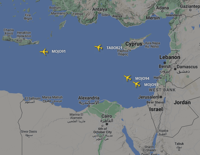 SirListenalot's tweet photo. 0525z #KC10's #AE0229 #AE0215 #AE022B #AE021C as #MOJO91-94 (92 shows as #TABOR21) likely dragging (ten) "HL" #F35's out of Muwaffaq Salti. Wait & see where they'll all end up... https://t.co/0Droy2BZtT