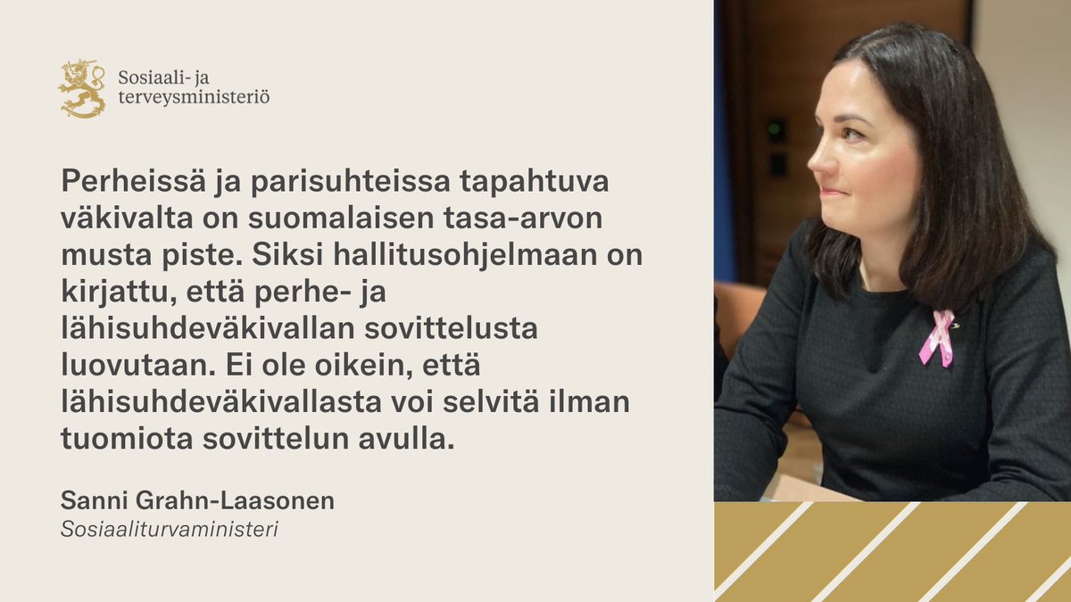 Ministeri <a href="/sannigrahn/">Sanni Grahn-Laasonen 🇺🇦</a> johdolla keskusteltiin 4.10. lähisuhdeväkivallan sovittelusta. Aihe on herättänyt keskustelua puolesta ja vastaan. 

Tiedote tilaisuudesta: stm.fi/-/ministeri-gr…

#väkivalta #NaisiinKohdistuvaVäkivalta