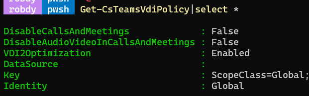 🚨New parameter alert: VDI2Optimization

Introduced in the 5.6.1-preview version, Get-CsTeamsVdiPolicy now returns VDI2Optimization.
✅Default value: enabled
✅Cannot be set via Set-/New- cmdlets
✅No mention in docs/release notes