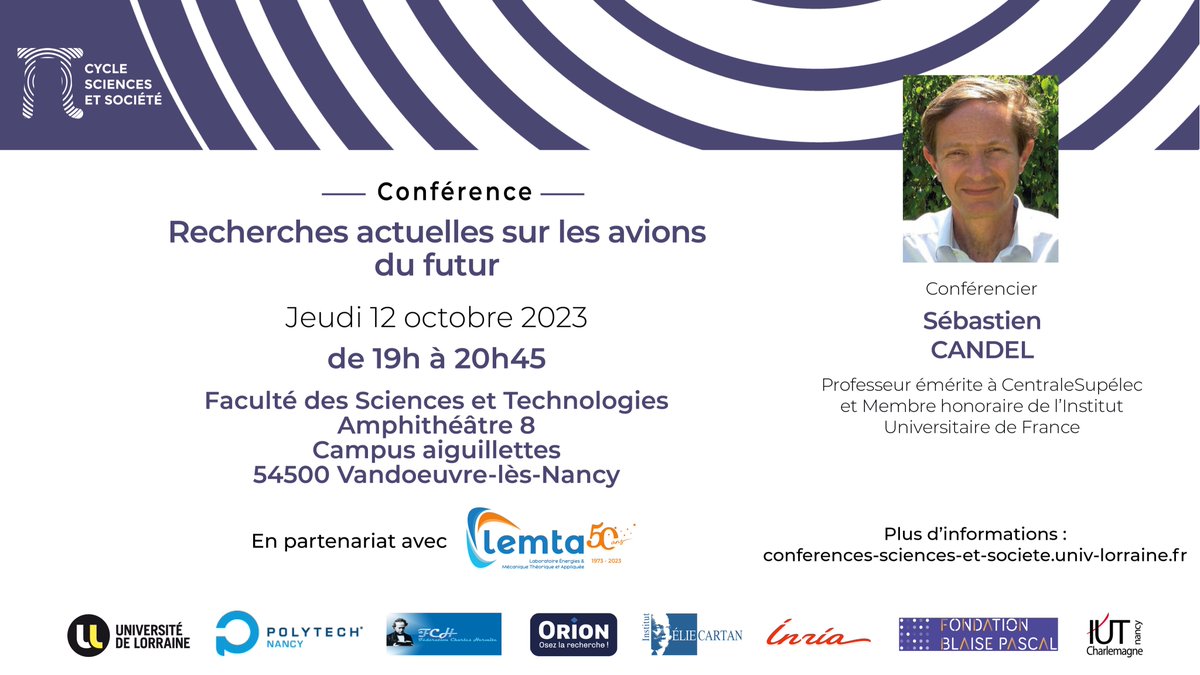 ✈️A quoi ressembleront les avions du futur ?🧐
Réponse le 12/10 à 19h à la <a href="/FstNancy/">FST Nancy</a>, amphi 8⃣.
Sébastien Candel, Professeur à <a href="/centralesupelec/">CentraleSupélec</a> décrira les recherches actuelles en #propulsion #aéronautique.  
<a href="/Univ_Lorraine/">Lorraine</a> <a href="/CNRS_Centre_Est/">CNRS Centre-Est</a> 
🔗En collaboration avec @Labo_Lemta