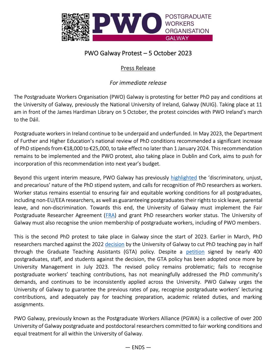 📌 PRESS RELEASE: We are protesting for better PhD pay &amp; conditions <a href="/uniofgalway/">Ollscoil na Gaillimhe | University of Galway</a>, previously known as #NUIG, at 11 am in front of the James Hardiman Library. The protest coincides with <a href="/PWO_Ireland/">PWO Ireland</a>'s march to the Dáil. Join us &amp; stand up for postgrad rights! 🪧 #PGRsDeserveBetter