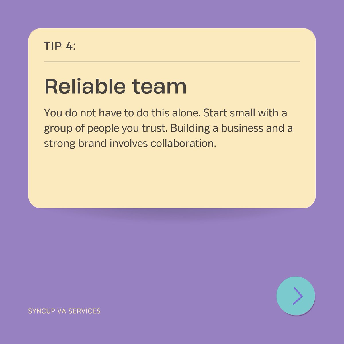 SyncUpVA's tweet photo. 𝐑𝐞𝐥𝐢𝐚𝐛𝐥𝐞 𝐓𝐞𝐚𝐦, 𝐑𝐞𝐥𝐢𝐚𝐛𝐥𝐞 𝐅𝐮𝐭𝐮𝐫𝐞: Reliable Team, Reliable Future: A successful brand relies on a committed team. Embrace individuals who share your vision, collaborate effectively, and bring diverse skills. Together, you'll build a brand that endures. https://t.co/ERSYQBSJJ7
