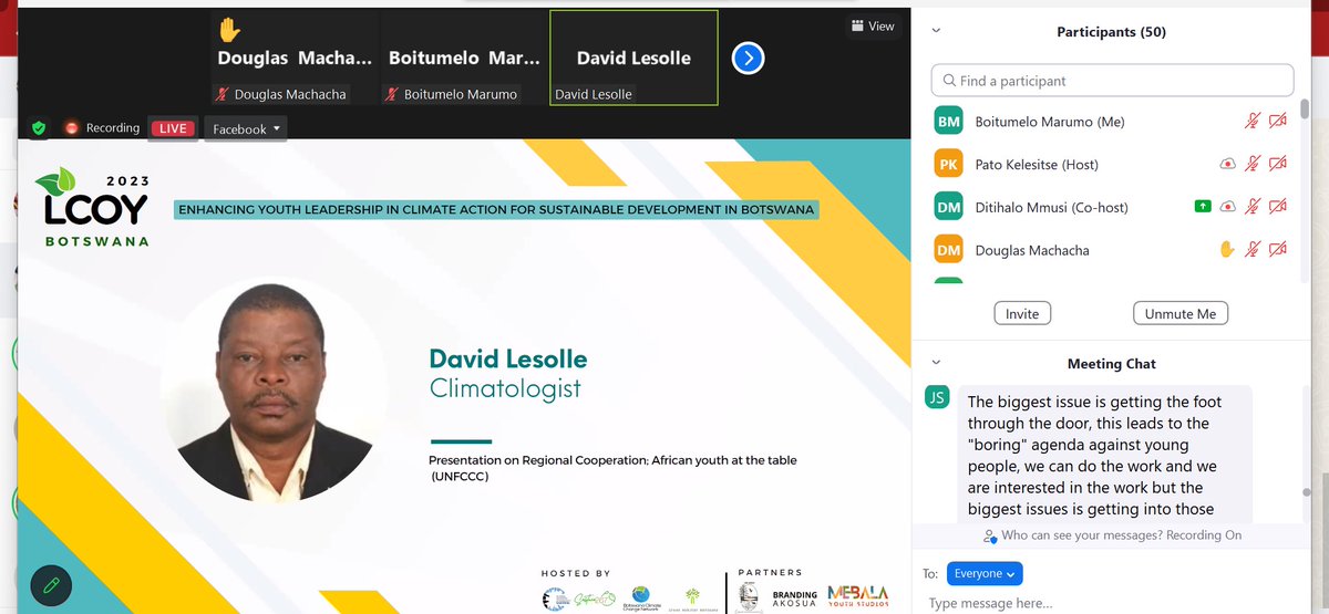 #LCOYBW2023 Day 2

David Lesolle, Climatologist discussing the integral role of youth at the #UNFCCC level, how to make their participation impactful. He emphasised that youth should come with a strong and united voice. 

JON NOW: bit.ly/LCOYBotswanaZo…