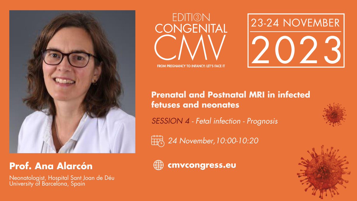 CMV_Congress's tweet image. In a dedicated session on #FetalInfection prognosis, well-recognized Pediatrician-Neonatologist Prof. Ana Alarcon will present prenatal brain #MRI findings in #cCMV infection and provide postnatal imaging correlation.
Register today✅: bit.ly/CMV_Registrati…