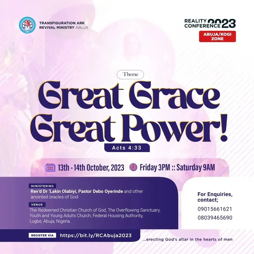 tarmglobal's tweet photo. Just 8 days to go! 🔥🔥

If you're in and around Abuja this event is for you. 

Save the date! Pray, plan and prepare to attend
Date: Friday, October 13 - Saturday, October 14, 2023.

Register here: https://t.co/8lDS70Pme9

#TARMInternational
#RealityConference2023
#AbujaKogiZone https://t.co/KTmSr5VfQn