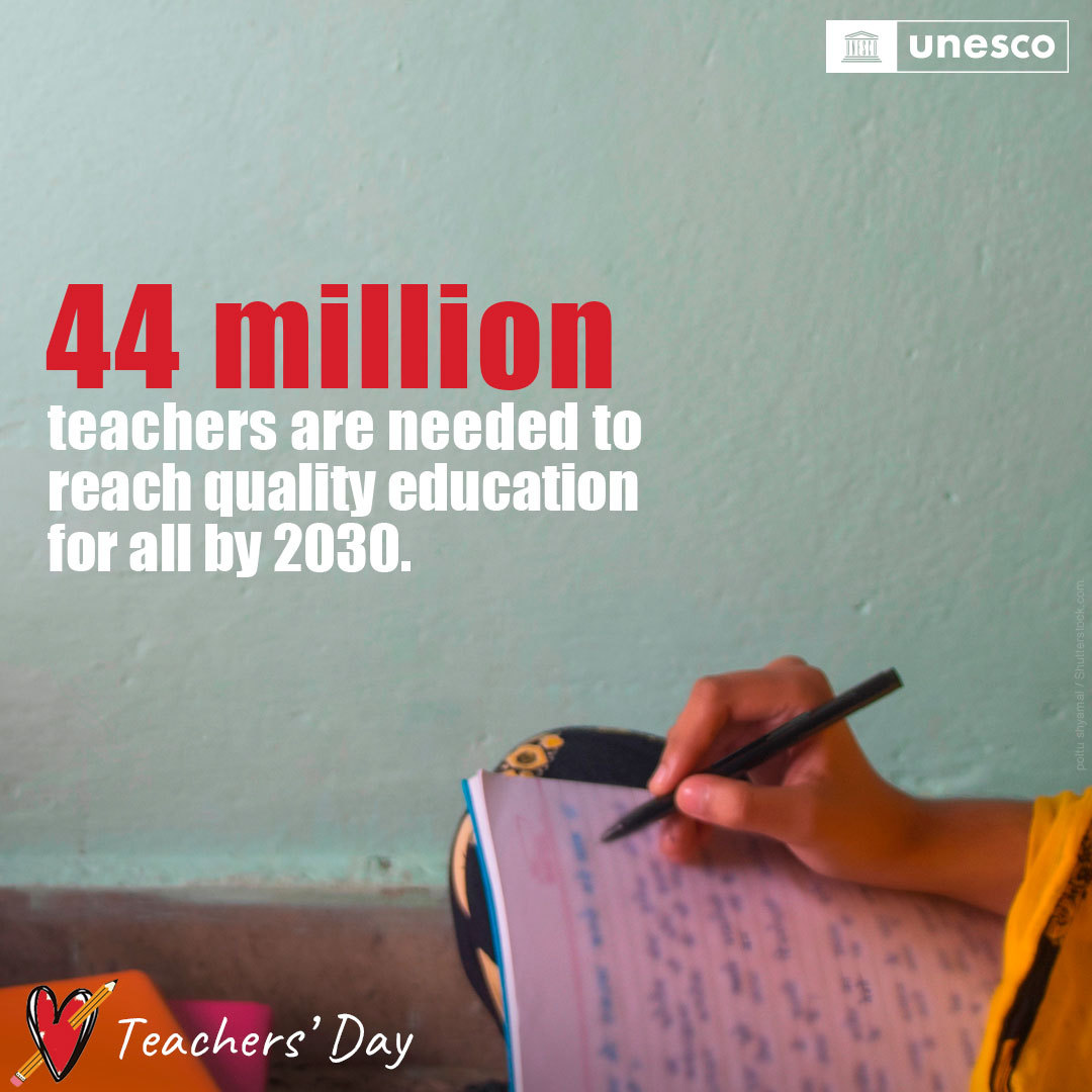 The world needs more teachers❣️👩‍🏫

44 million additional teachers are still needed worldwide to achieve quality education for everyone.

On #WorldTeachersDay, join our call to make the teaching profession appealing again: on.unesco.org/3ZWE8JH