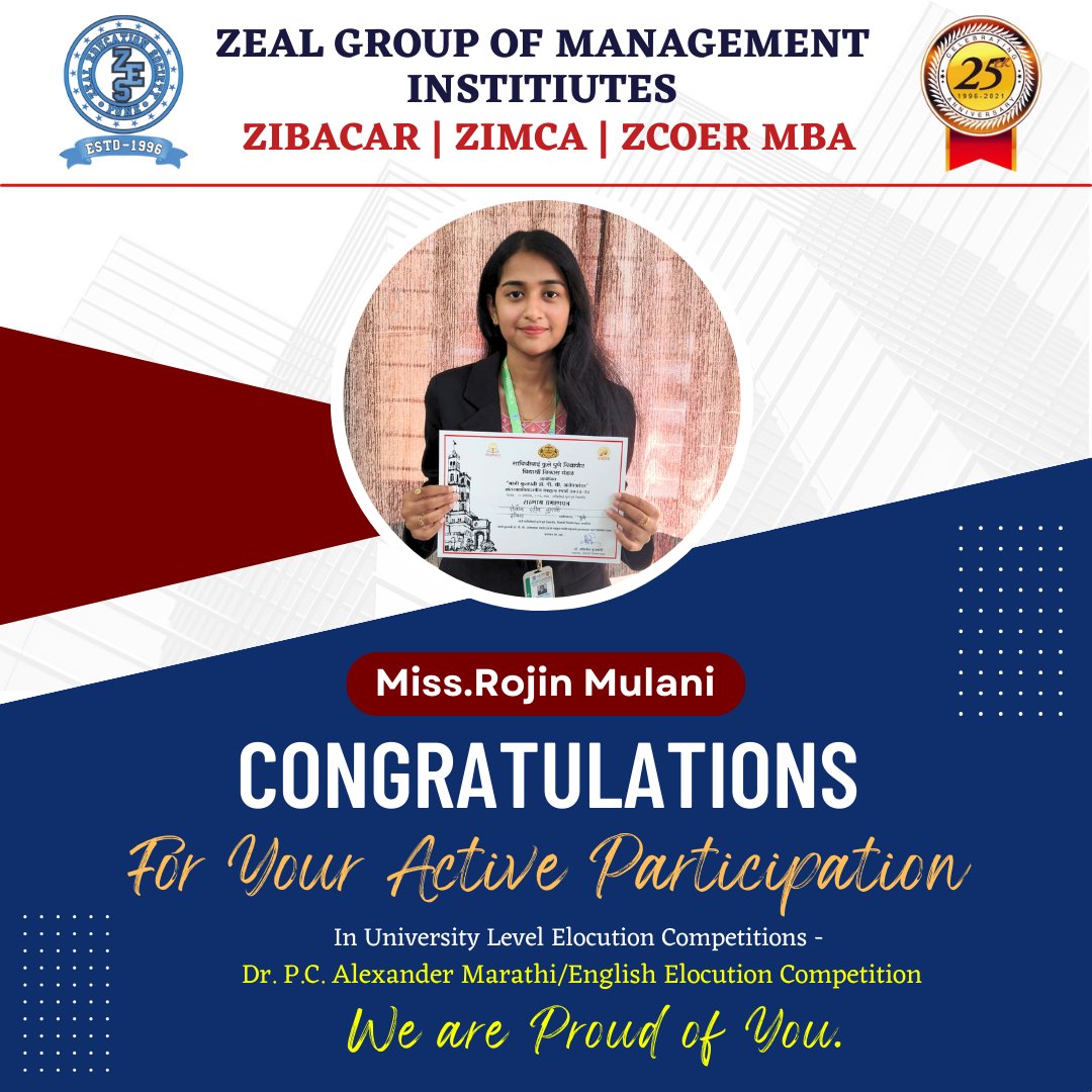 Zeal_Mba's tweet photo. 💐 Special Congratulations to Antarang Club,💐

Dear All,
Our 4 students have actively participated in SPPU Dr. P.C. Alexander Marathi/English Elocution Competition on Yesterday.✨
All of them have tried their best &amp; represented Zeal very well in this competition.💯 https://t.co/6CAGx3e32H