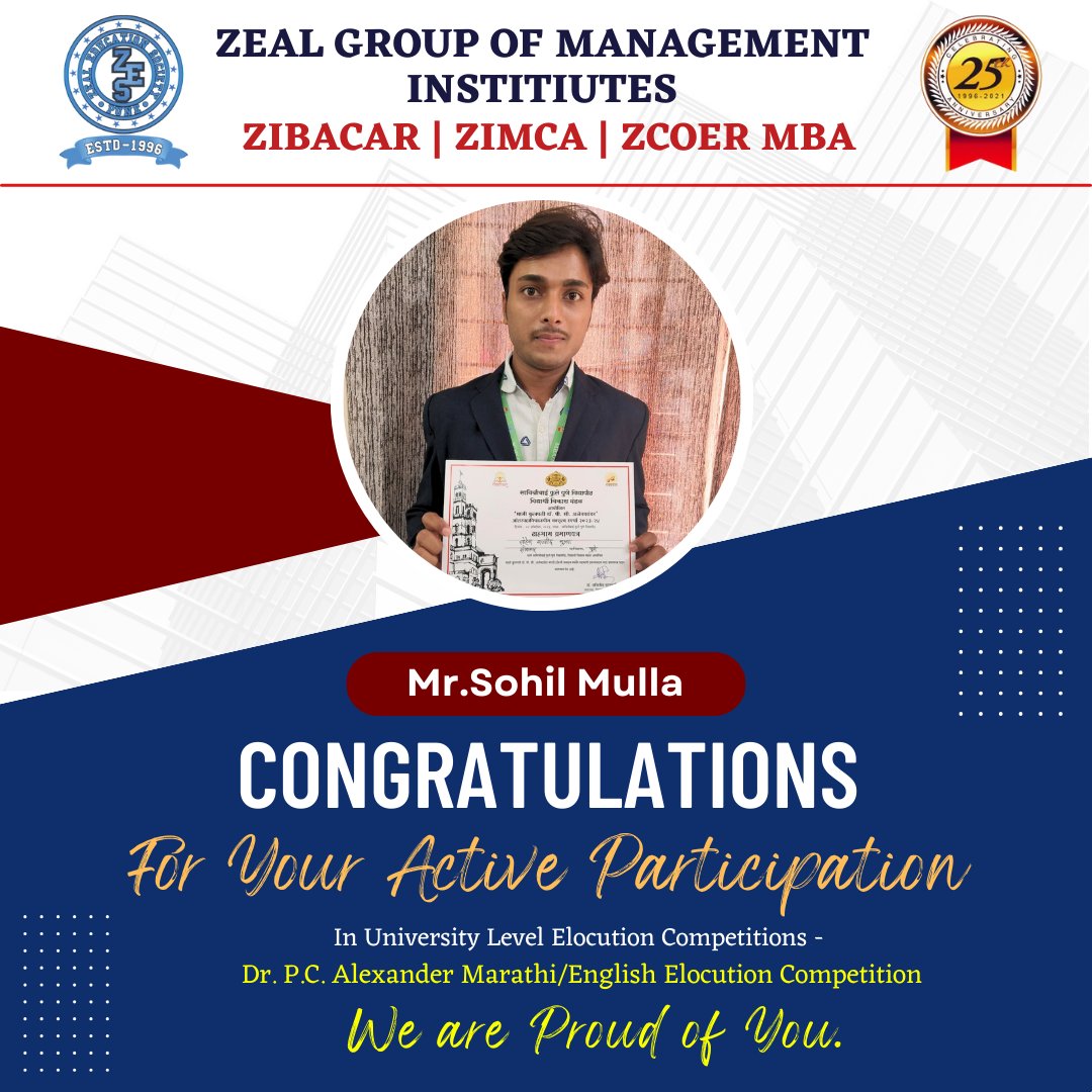 Zeal_Mba's tweet photo. 💐 Special Congratulations to Antarang Club,💐

Dear All,
Our 4 students have actively participated in SPPU Dr. P.C. Alexander Marathi/English Elocution Competition on Yesterday.✨
All of them have tried their best &amp; represented Zeal very well in this competition.💯 https://t.co/6CAGx3e32H