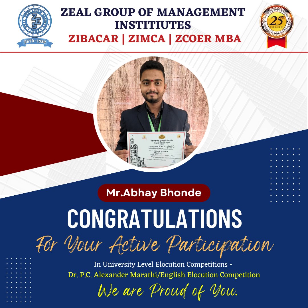Zeal_Mba's tweet photo. 💐 Special Congratulations to Antarang Club,💐

Dear All,
Our 4 students have actively participated in SPPU Dr. P.C. Alexander Marathi/English Elocution Competition on Yesterday.✨
All of them have tried their best &amp; represented Zeal very well in this competition.💯 https://t.co/6CAGx3e32H