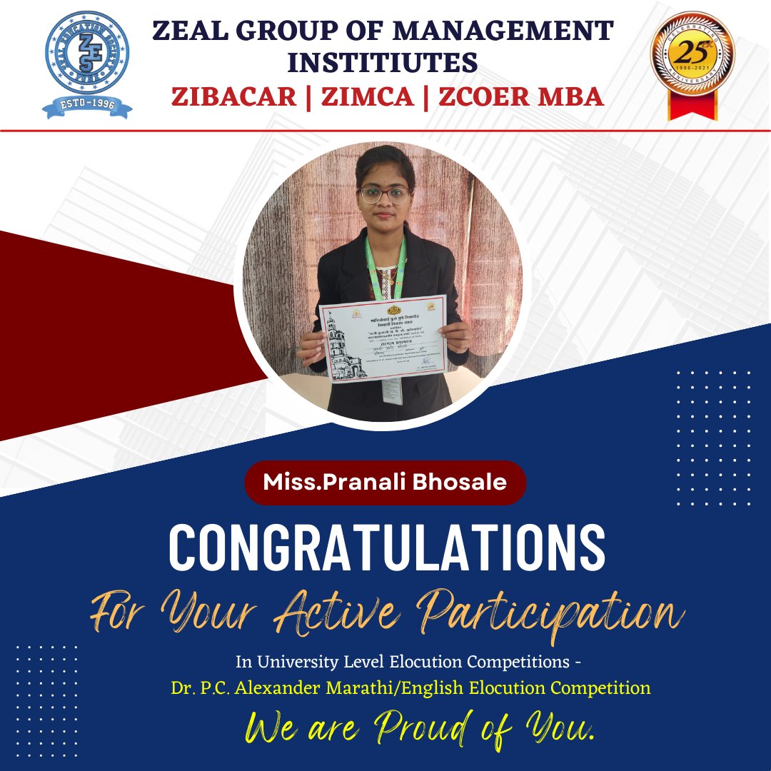 Zeal_Mba's tweet photo. 💐 Special Congratulations to Antarang Club,💐

Dear All,
Our 4 students have actively participated in SPPU Dr. P.C. Alexander Marathi/English Elocution Competition on Yesterday.✨
All of them have tried their best &amp; represented Zeal very well in this competition.💯 https://t.co/6CAGx3e32H