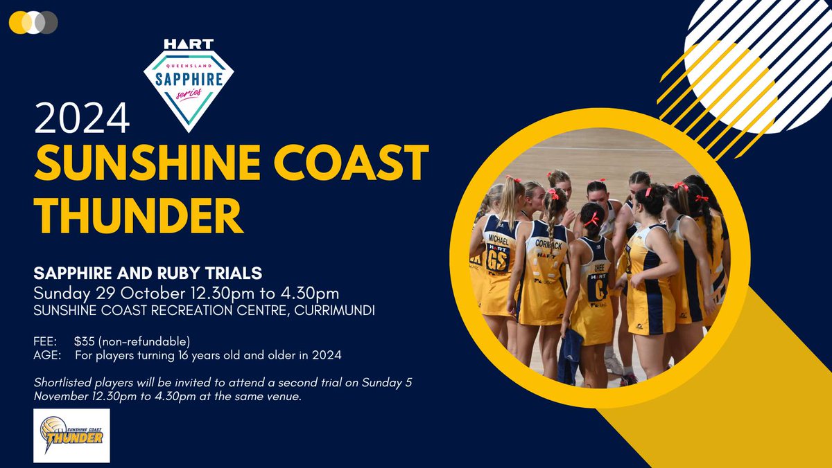 thunder_netball's tweet photo. Sunshine Coast Thunder - 2024 Trials ⚡️⚡️⚡️
for Sapphire and Ruby teams.
Click on the link to register:
https://t.co/43jFBuzuiR
Registrations to trial are required and close Sunday 22 October 2023. https://t.co/G1rdK9ZDmP