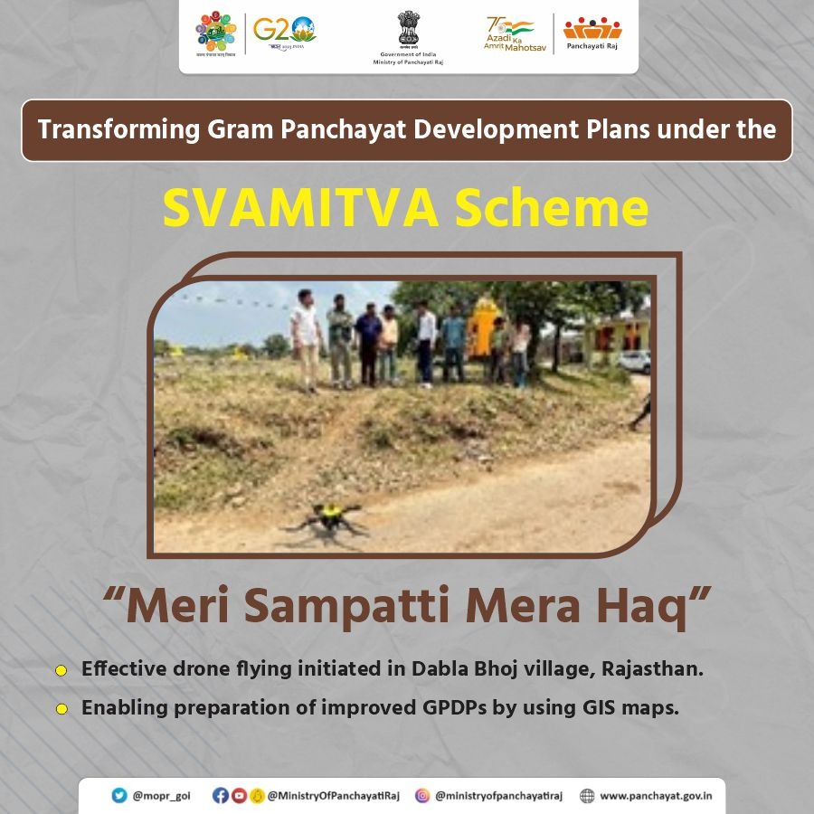 mopr_goi's tweet photo. A reformative #DroneFlying has commenced under the #SVAMITVA_Scheme in #Dabla Bhoj village, #Jhalawar district, #Rajasthan, assisting in the preparation of better #GPDPs by using GIS maps for the inhabited Abadi areas of #RuralIndia.
#स्वामित्व_योजना
#MeriSampattiMeraHaq https://t.co/wz6Z6PzILa