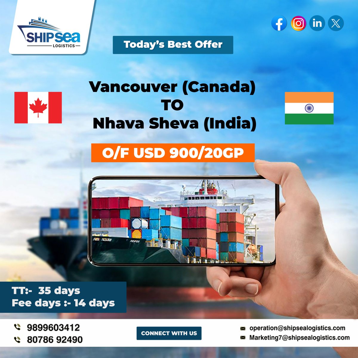 Shipsealogistic's tweet photo. Setting Sail to Savings and Safety! Secure the best industry rates from Canada to India with SHIPSEA Logistics. 
#Vancouver #nhavasheva #Exports #Exporter #Exporters #ExportQuality #ExportExpress #ExportWorldwide #ExportPrice #ExportImport #LogisticsNews #LogisticsMiddleEast https://t.co/e0QqYGhRAK