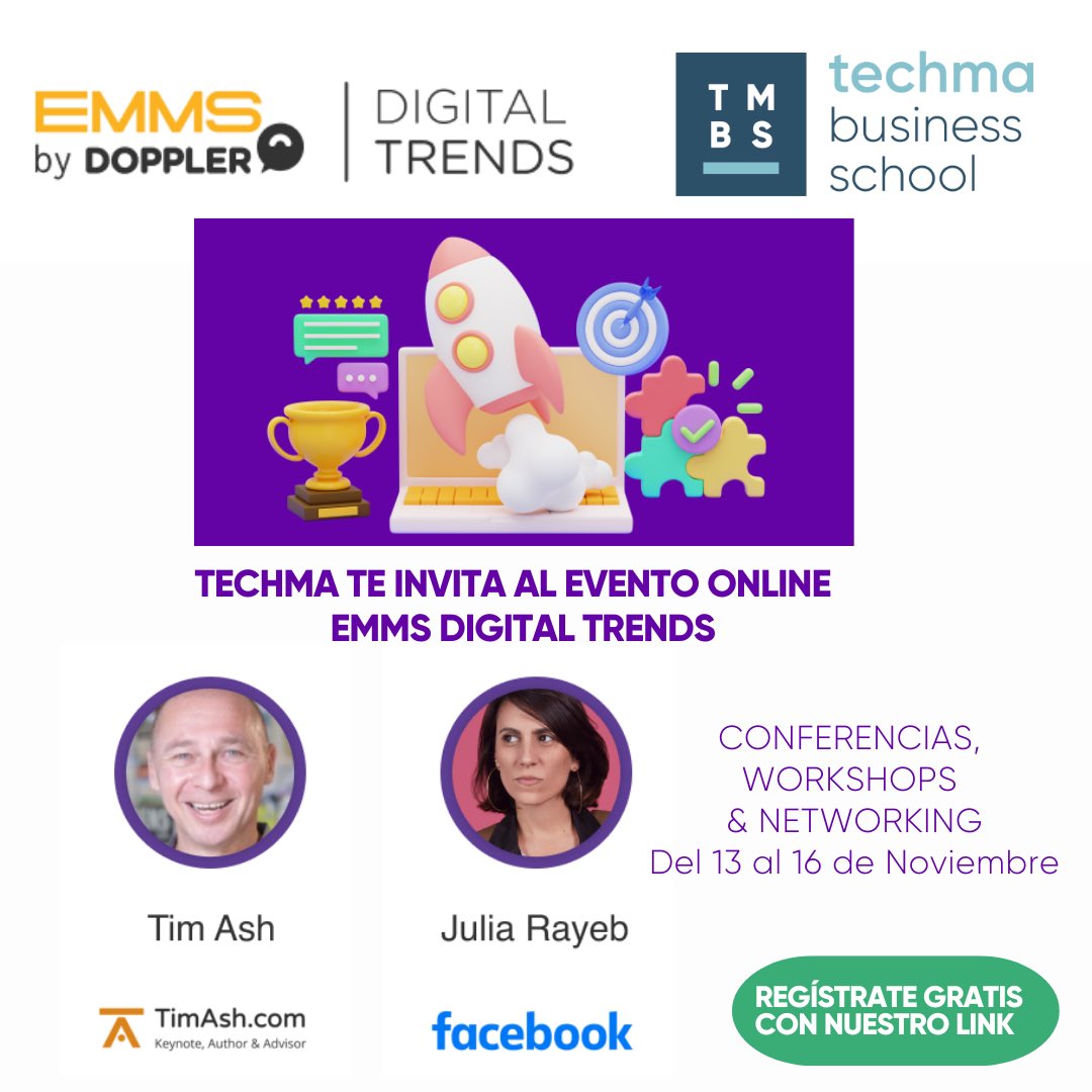 TECHMA Business School (@techmabschool) on Twitter photo 📢 TECHMA COLABORA CON EMMS DIGITAL TRENDS
Techma te invita a la nueva edición del EMMS organizado por <a href="/fromDoppler/">Doppler - Marketing Automation</a>
evento online con los mejores speakers y tendencias del Marketing Digital.
Del 13 al 16/11 invitación gratuita aqui: lnkd.in/etvzt2KM 📢 TECHMA COLABORA CON EMMS DIGITAL TRENDS
Techma te invita a la nueva edición del EMMS organizado por <a href="/fromDoppler/">Doppler - Marketing Automation</a>
evento online con los mejores speakers y tendencias del Marketing Digital.
Del 13 al 16/11 invitación gratuita aqui: lnkd.in/etvzt2KM