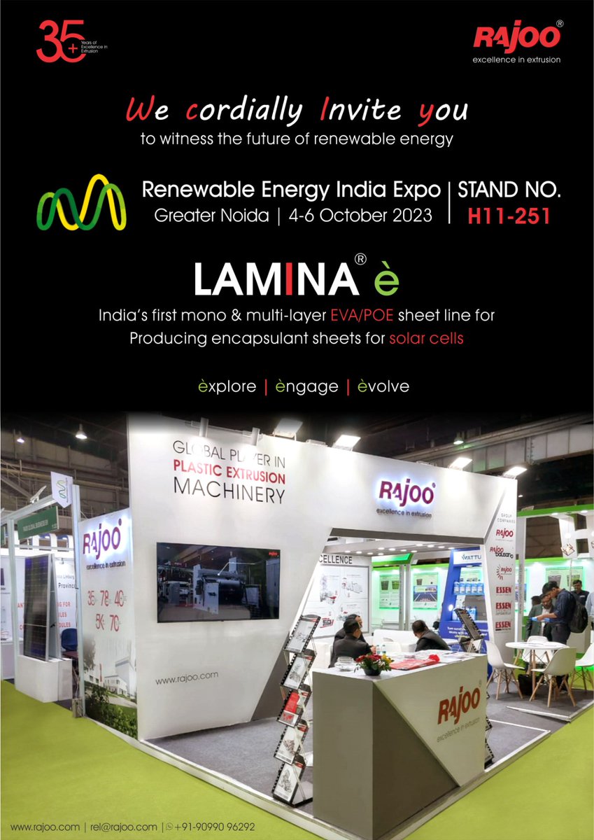 Step into the world of tomorrow's energy solutions at the Renewable Energy Expo! Be captivated by Lamina E and a host of cutting-edge innovations presented by our industry experts. Don't miss this chance.

#REI2023 #SolarEnergy #RenewableEnergyIndia #RajooEngineers