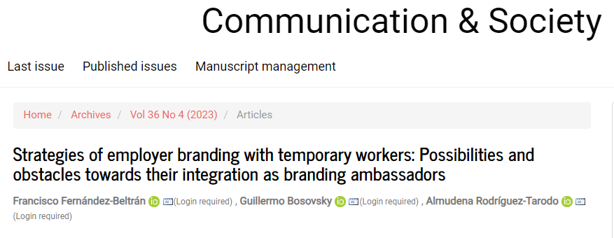 UJIuniversitat's tweet photo. #CiènciaUJI. El personal laboral como embajador de marca. Estrategias para conseguirlo, sobre todo cuando el trabajador realiza su labor a través de una empresa de trabajo temporal. «Strategies of employer branding with temporary workers: Possibilities and obstacles towards their integration as branding ambassadors» ,en la revista Communication & Society de la @unav. DOI: https://t.co/fq8NLYlCpy. Un artículo de @franferbel, @GuillermoDOXA y Almudena Rodríguez Tarodo.
📌https://t.co/AwWbKhhYXz