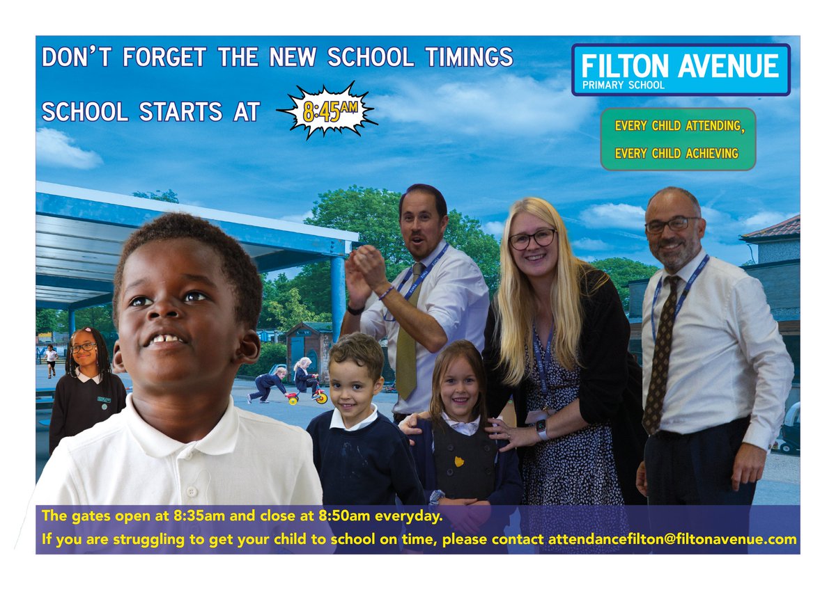 Don't forget school start at 8:45am (gates open at 8:35am and close at 8:50am). Please see poster for more information:
#everychildattendingeverychildachieving