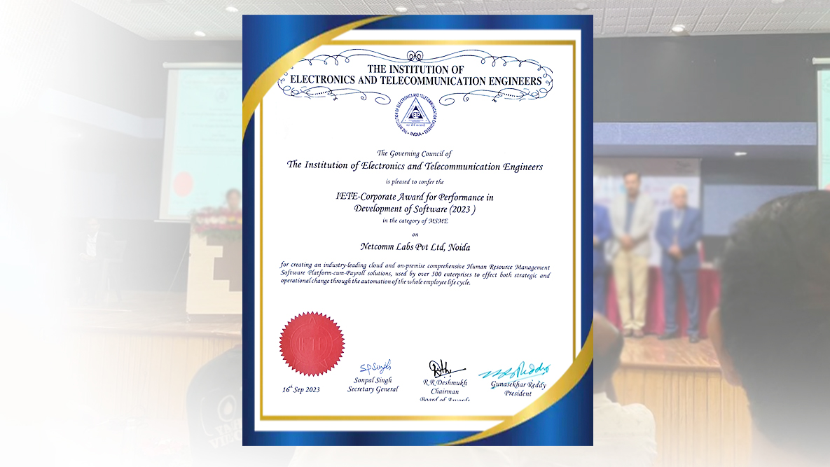 netcommlabs's tweet image. It is a delight to share that #NetcommLabs has been awarded the prestigious #CorporateAward for performance in the development of #HR &amp;amp; #PayrollSoftware by &apos;The Institution of Electronics &amp;amp; Telecommunication Engineers(IETE)&apos; annual conference in #Pune
#Awards #Recognition