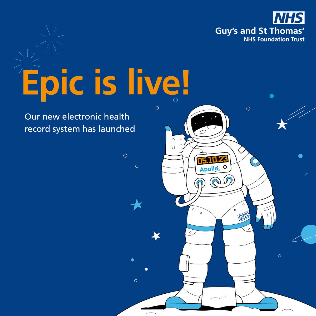 Lift off 🚀 We’re delighted to announce that Epic, our new electronic health record system, has launched today across Guy’s and St Thomas’ and @KingsCollegeNHS. Find out more: guysandstthomas.nhs.uk/epic #TeamGSTT #EpicLaunch  (1/2)