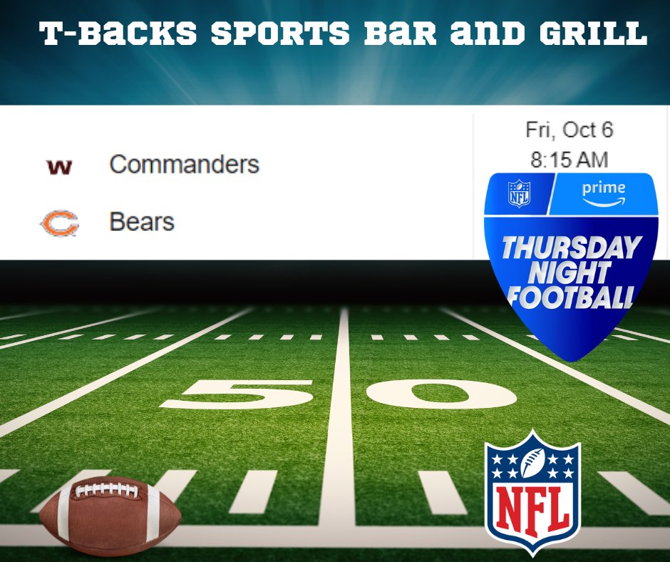 tbacksbbq's tweet photo. T-Backs Sports Bar and Grill has the NFL Thursday Night Football with the Commanders vs Bears at 8:15am Friday morning. We will have the game on the big screen so stop in. #NFL #commandersvsbears #angelescity #tbackssportsbarandgrill #tbacksisgood #Pampanga https://t.co/jnTlzrKNUo