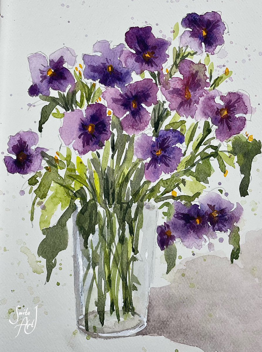 Viola's purple bloom,
In the garden's vibrant room,
Rich hues chase the gloom 🌸

#watercolorflorals #watercolor #floralart #floral #Autumn #October