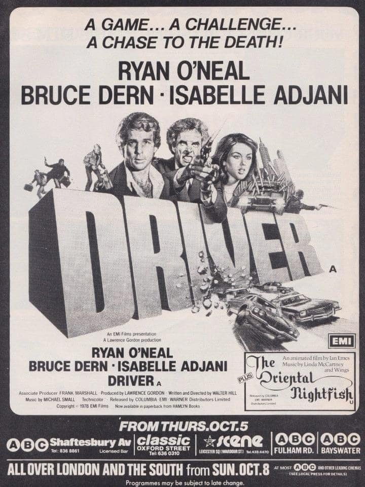 Forty-five years ago today, a game, a challenge and a chase to the death sped into London cinemas… #TheDriver #1970s #WalterHill #RyanONeal #BruceDern #IsabelleAdjani #film #films #thriller #crime #carchase #cars