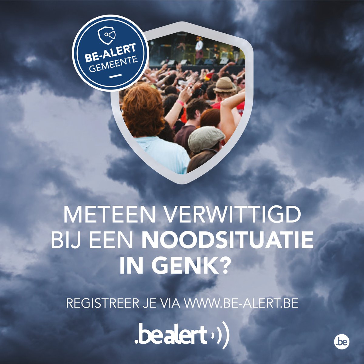 Vandaag om 13 uur testen we #BEalert. 
Wil je meteen verwittigd worden bij een noodsituatie in Genk? – Schrijf je nog snel in via be-alert.be