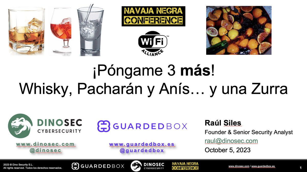 DinoSec (@dinosec) on Twitter photo Ponencia “¡Póngame 3 más! Whisky, Pacharán y Anís… y una Zurra” hoy 5/10/2023 a las 16h por @RaulSiles de @DinoSec <a href="/GuardedBox/">GuardedBox</a> en #Albacete <a href="/NavajaNegra_AB/">Navaja Negra Conference</a> #NavajaNegra #NN11ED
¡Seguridad #Wi-Fi #WPA3!
navajanegra.com/2023/class/pon…
youtube.com/@NavajaNegra/a… Ponencia “¡Póngame 3 más! Whisky, Pacharán y Anís… y una Zurra” hoy 5/10/2023 a las 16h por @RaulSiles de @DinoSec <a href="/GuardedBox/">GuardedBox</a> en #Albacete <a href="/NavajaNegra_AB/">Navaja Negra Conference</a> #NavajaNegra #NN11ED
¡Seguridad #Wi-Fi #WPA3!
navajanegra.com/2023/class/pon…
youtube.com/@NavajaNegra/a…