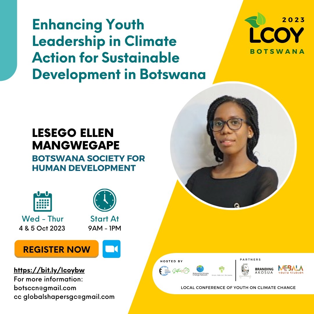 Join us for Day 2 of #LCOYBW2023 

Today, we are looking at opportunities for action and collaboration as young people with ambition to take leadership on Botswana's Sustainable Development 

#climateaction #youthmustlead #greenjobs #ecopreneurship