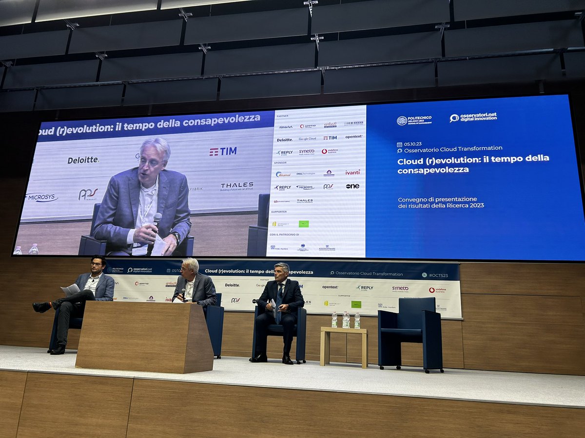 Ficagna's tweet photo. #octs23 Danno il via al convegno di presentazione dei risultati dell’Osservatorio Cloud Transformation 2023 @marianocorso @StefanoMainetti e @PivaAlessandro #cloud #digitaltransformation #agile #devops #finops https://t.co/5ttrdBIijh