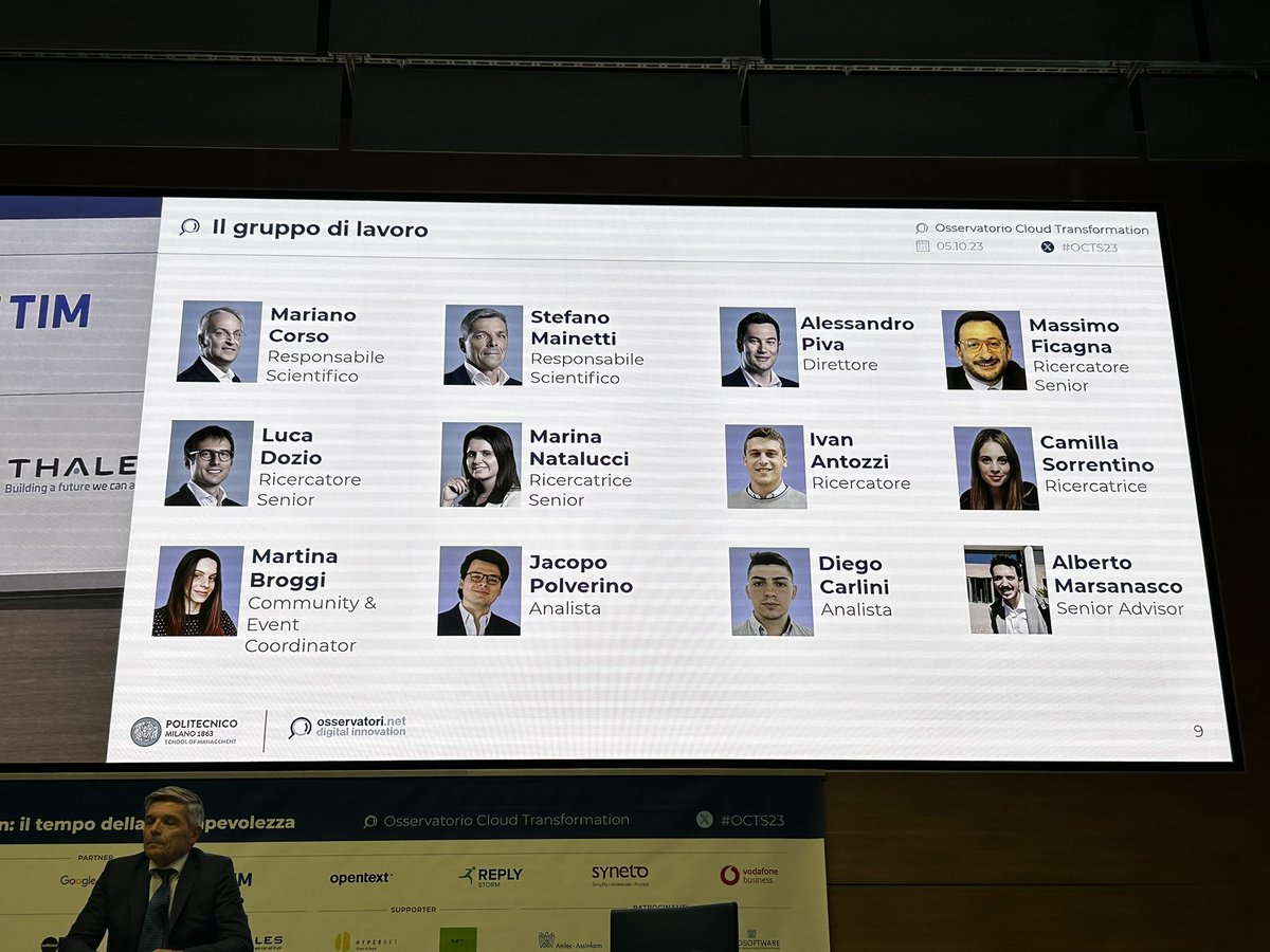 Ficagna's tweet photo. #octs23 Danno il via al convegno di presentazione dei risultati dell’Osservatorio Cloud Transformation 2023 @marianocorso @StefanoMainetti e @PivaAlessandro #cloud #digitaltransformation #agile #devops #finops https://t.co/5ttrdBIijh