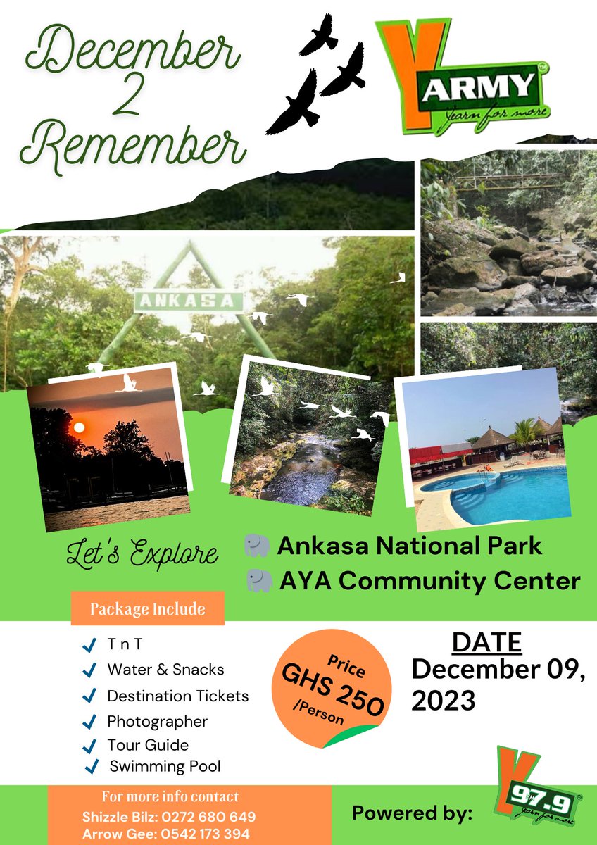 yarmytakoradi's tweet image. Join us to explore Ankasa National Park on December 9, 2023.
Book your seat now!
#December2Remember is powered by @Y979FM 

#YArmy - Backbone of #YfmGhana
