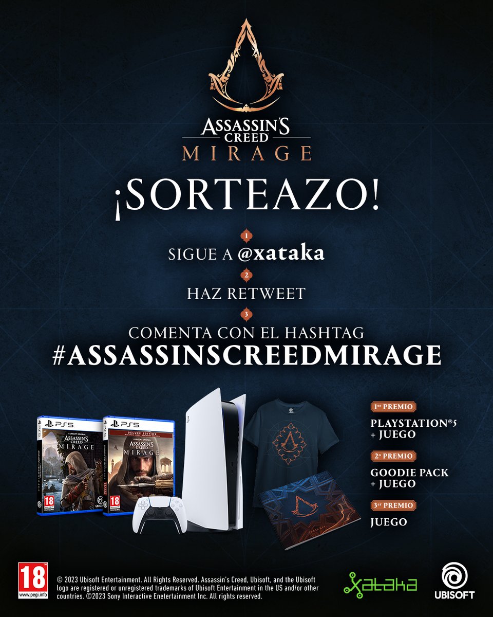 xataka's tweet image. ⚡SOLO HOY⚡ ¡SORTEAMOS una PlayStation 5 + copia Assassin’s Creed Mirage Deluxe Edition para PS5!

Pero eso no es todo: ¡también un segundo premio con el juego + goodie pack y un tercer premio con el juego! 3 premiazos 🔥⚡

✅ Sigue a @xataka
✅ RT este tuit y comenta con…