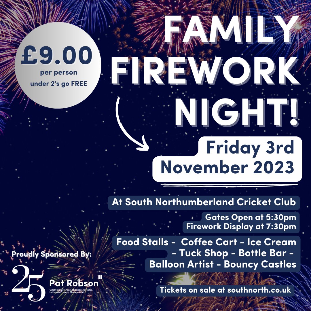 ⭐️ FAMILY FIREWORK NIGHT ⭐️

We are the proud sponsors of the Fireworks at <a href="/SouthNorthCC/">South North Cricket Club</a> this year, taking place on Friday 3rd November.  We invite you to join us for a spectacular display and fun for all the family!

Tickets on sale now at southnorth.co.uk/events/family-…