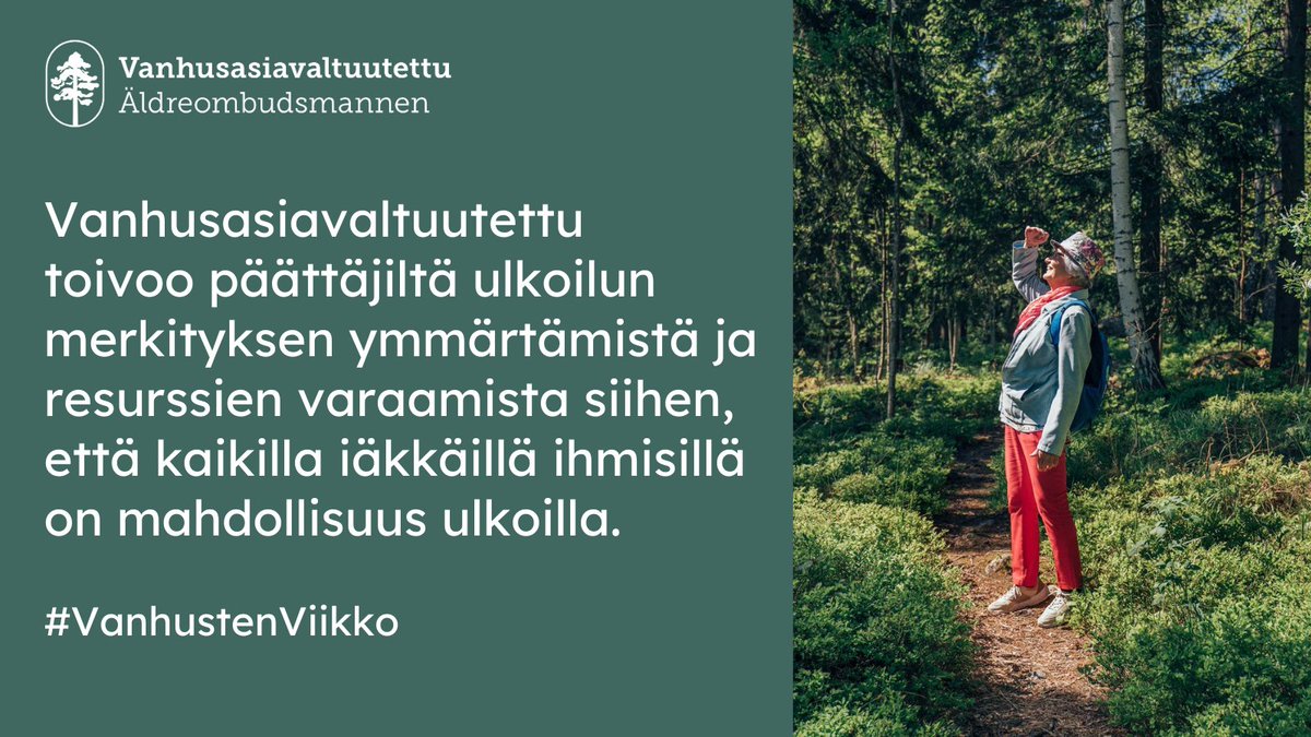 Kenenkään ei pitäisi joutua jäämään neljän seinän sisään. Vanhusasiavaltuutettu toivoo päättäjiltä ulkoilun merkityksen ymmärtämistä ja resurssien varaamista siihen, että kaikilla iäkkäillä ihmisillä on mahdollisuus ulkoilla. #VanhustenViikko #ArvokasVanhuus #IästäNumero 1/3
