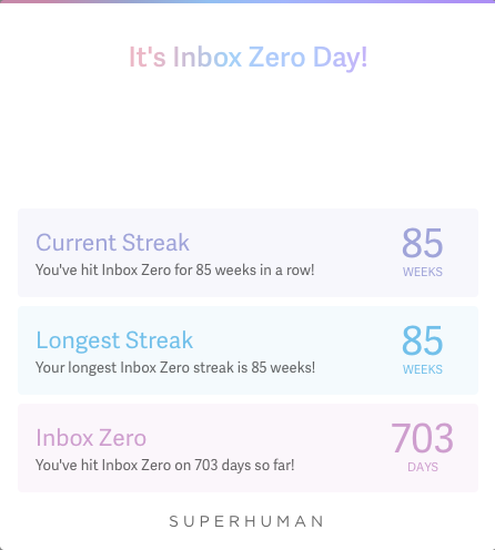 It's Inbox Zero Day! 

I've #HitZero 85 weeks in a row with <a href="/Superhuman/">Superhuman</a> 🏆 

Get 2 free months using my link: superhuman.com/refer/m4hxv8fy 

If you haven't tried Superhuman, you need to!