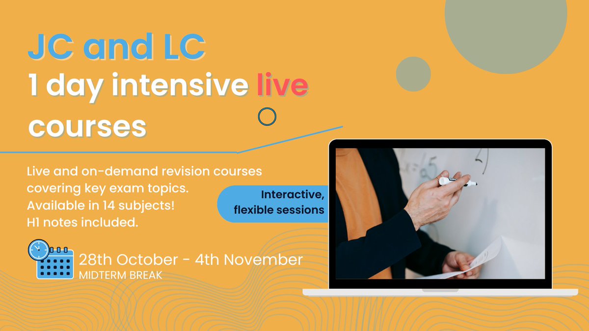 OUR ONLINE LIVE REVISION COURSES ARE BACK🔥🧑‍💻 During October midterm we have expert teachers delivering 2️⃣3️⃣different courses across JC & LC subjects 🙌 Early bird offer ends on 14th September.. ↪️ 1 course for €129 ↪️ 3 courses for €299 ↪️ 5 courses for €399 Places are