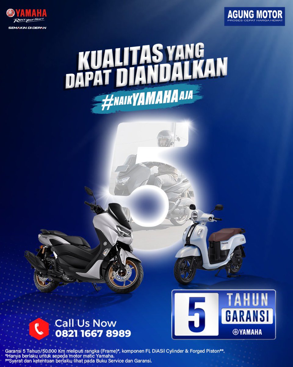 AgungMotorCMS's tweet photo. Kabar gembira untuk Brosis, konsumen Yamaha! 🤩

Sebagai komitmen Yamaha untuk menjamin mutu kualitas produk, Yamaha secara resmi memberikan masa garansi rangka (Frame) dari sebelumnya 1 tahun/12.000 Km menjadi 5 tahun/50.000 Km nih, Brosis! 😍 https://t.co/PfkdfOHzkx