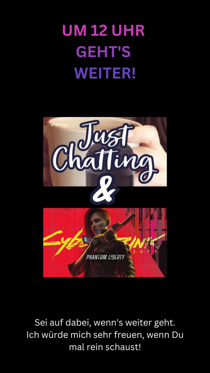 Um 12 Uhr geht's weiter!

#twitch #justChatting #spika #cyberpunk2077 #PhantomLiberty #Cyberpunk2077PhantomLiberty