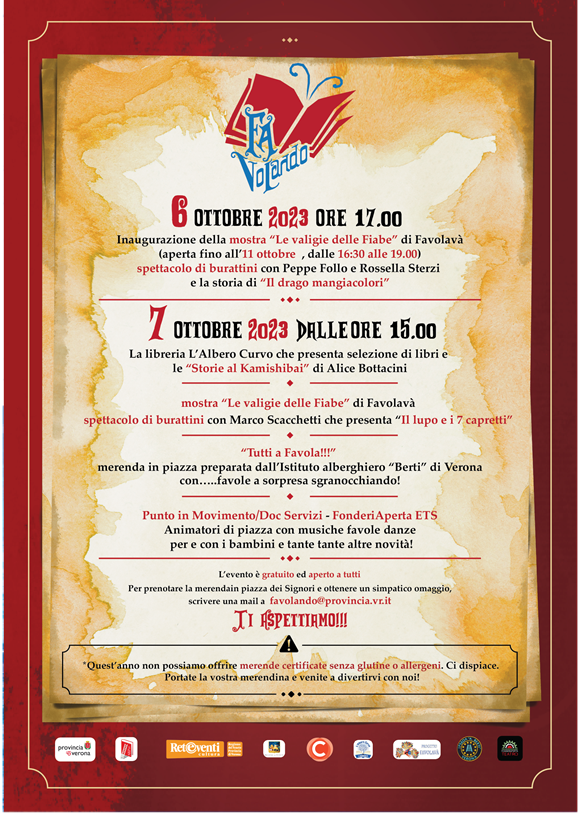 Europe Direct Verona (@europedirectvr) on Twitter photo FaVolando! Primo festival di Fiabe e Burattini! 6 e 7 ottobre 2023, a Verona in Piazza dei Signori!
Per bambini dai 0 ai 13 anni
Ingresso gratuito
Per la merenda in piazza e un simpatico omaggio scrivi a favolando@provincia.vr.it FaVolando! Primo festival di Fiabe e Burattini! 6 e 7 ottobre 2023, a Verona in Piazza dei Signori!
Per bambini dai 0 ai 13 anni
Ingresso gratuito
Per la merenda in piazza e un simpatico omaggio scrivi a favolando@provincia.vr.it