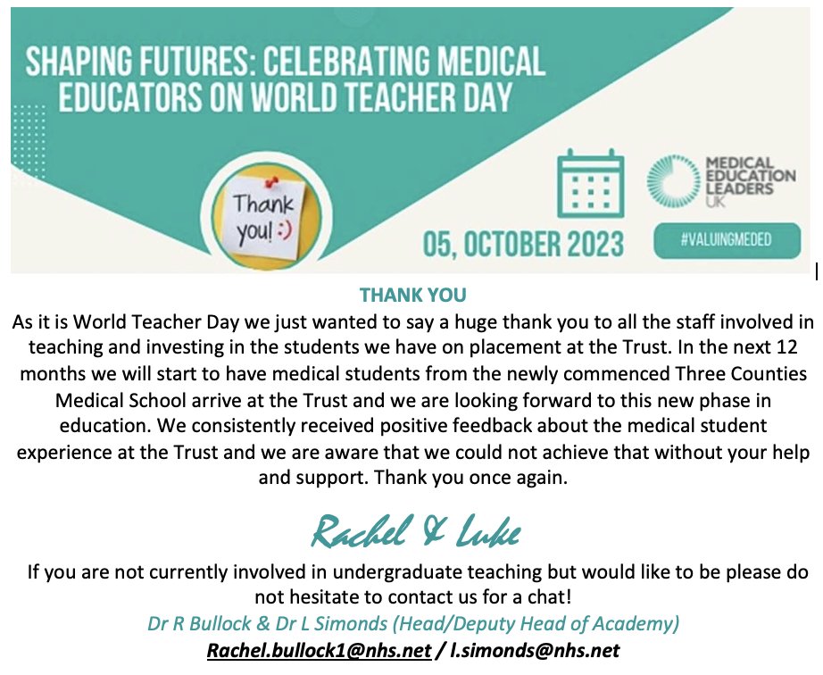 drlukesimonds's tweet image. A big #thankyouthursday on World Teachers Day to everyone involved in undergraduate medical education @WorcsAcuteNHS #valuingmeded