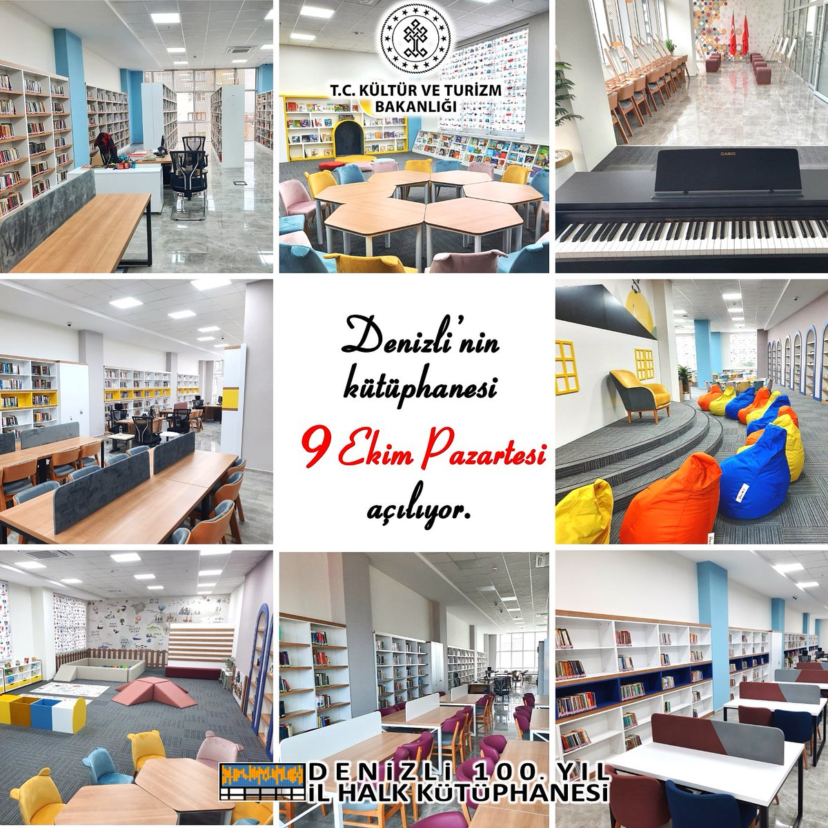 Kütüphanemiz 9 Ekim Pazartesi günü okuyucu hizmetine açılacaktır.
#denizlikütüphane
#denizlikitap

<a href="/iktm20/">Denizli İl Kültür ve Turizm Müdürlüğü</a> <a href="/TurhanVeliAKYOL/">Turhan Veli AKYOL🇹🇷</a> <a href="/DenizliValiligi/">T.C.Denizli Valiliği 🇹🇷</a> <a href="/KTBKYGM/">KYGM</a>