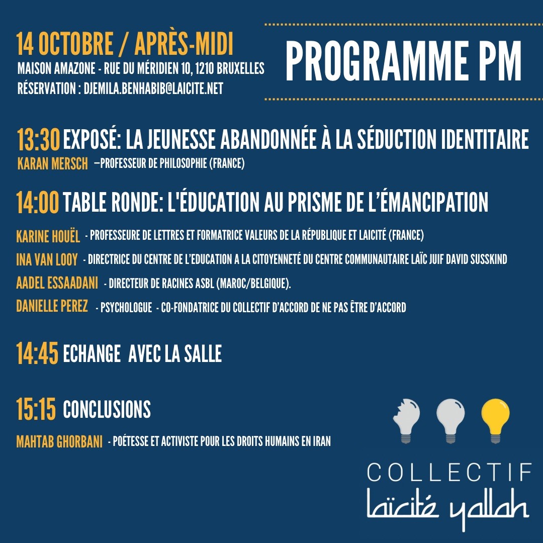 #Bruxelles, 14 octobre : L'éducation à l'épreuve des mouvements identitaires et religieux. Colloque organisé avec nos partenaires belges, français et marocains. Hommage à #SamuelPaty. Libérez la parole des profs ! @NadiaGeerts @GLBouchez @DavidWeytsman @StephCortisse