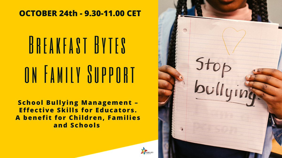 FAMILIES EUROPE (@coface_eu) on Twitter photo 📅 Mark your calendars! Ahead of the the 2023 <a href="/UNESCO/">UNESCO 🏛️ #Education #Sciences #Culture 🇺🇳</a> International Day Against Bullying, we are hosting a Breakfast Byte webinar on October 24th, 9:30-11:00 to exchange on School Bullying Management.
Join us here: bit.ly/46Aogyf 📅 Mark your calendars! Ahead of the the 2023 <a href="/UNESCO/">UNESCO 🏛️ #Education #Sciences #Culture 🇺🇳</a> International Day Against Bullying, we are hosting a Breakfast Byte webinar on October 24th, 9:30-11:00 to exchange on School Bullying Management.
Join us here: bit.ly/46Aogyf