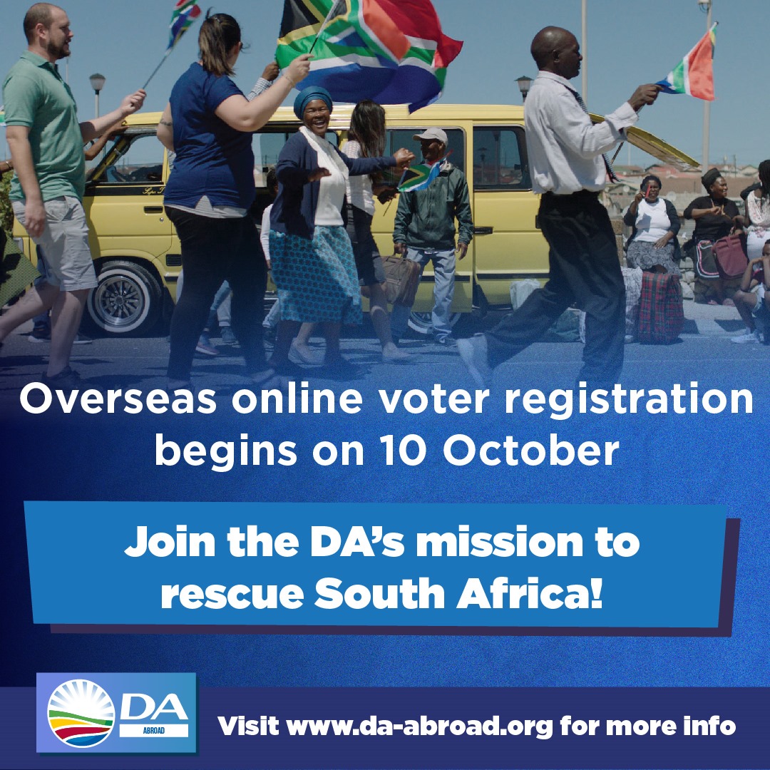 Our_DA's tweet photo. 📣 Calling all South Africans living abroad to join the mission to rescue SA! Online voter registration for people living abroad will open on 10 October.

To stay up to date on all the latest news around overseas voter registration and voting, visit https://t.co/XXkG4s1LBG.

Please share this far and wide with friends and family overseas for awareness. 🚀